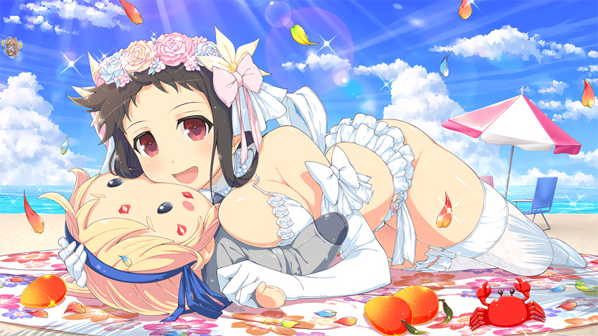 1girl absurdres ayame_(senran_kagura) beach bow breast_press crab curvy doll dress flower flower_on_head happy highres implied_yuri katsuragi_(senran_kagura) large_areolae lipstick_mark red_eyes senran_kagura solo thighhighs wedding_dress wide_hips
