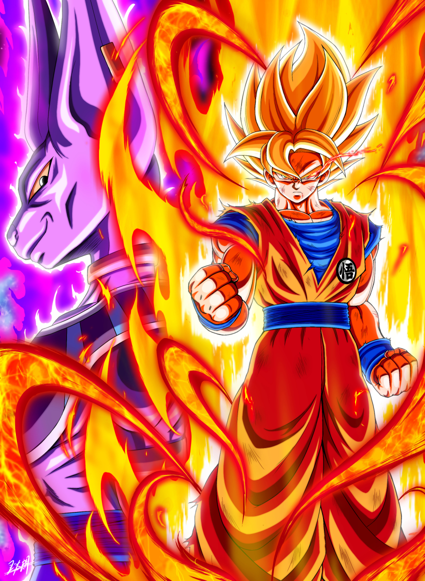 2boys absurdres aura beerus dougi dragon_ball dragon_ball_z_kami_to_kami dragonball_z fiery_aura fuzitaro_goku highres multiple_boys orange_pants orange_shirt pants shirt son_goku super_saiyan super_saiyan_1 super_saiyan_god