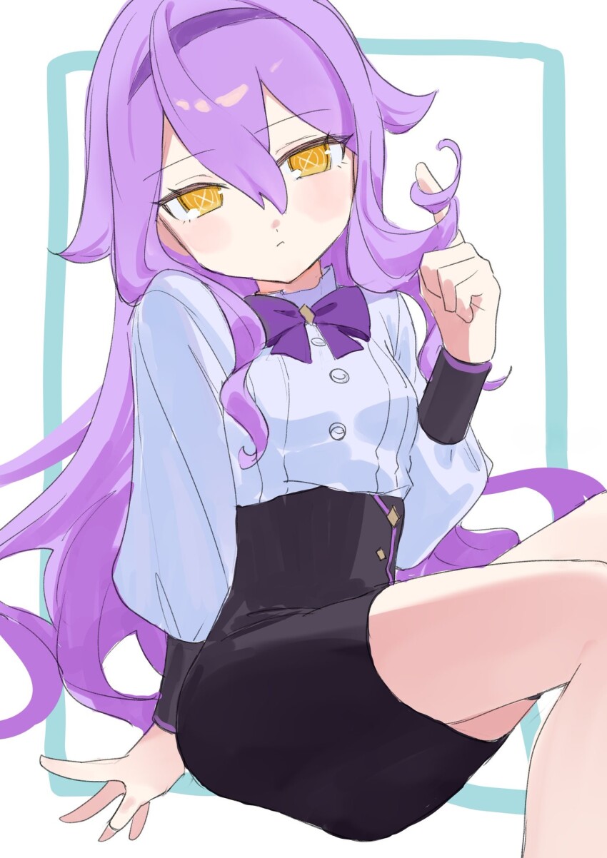 1girl black_skirt blue_background bow breasts closed_mouth commentary_request commission feet_out_of_frame hair_between_eyes hand_up head_tilt highres honkai_(series) honkai_impact_3rd long_sleeves looking_at_viewer orange_eyes pencil_skirt puffy_long_sleeves puffy_sleeves purple_bow purple_hair roena shirt sirin sirin_(magic_academy_uniform) sirin_(miracle_magical_girl) sitting skirt small_breasts solo twirling_hair two-tone_background white_background white_shirt