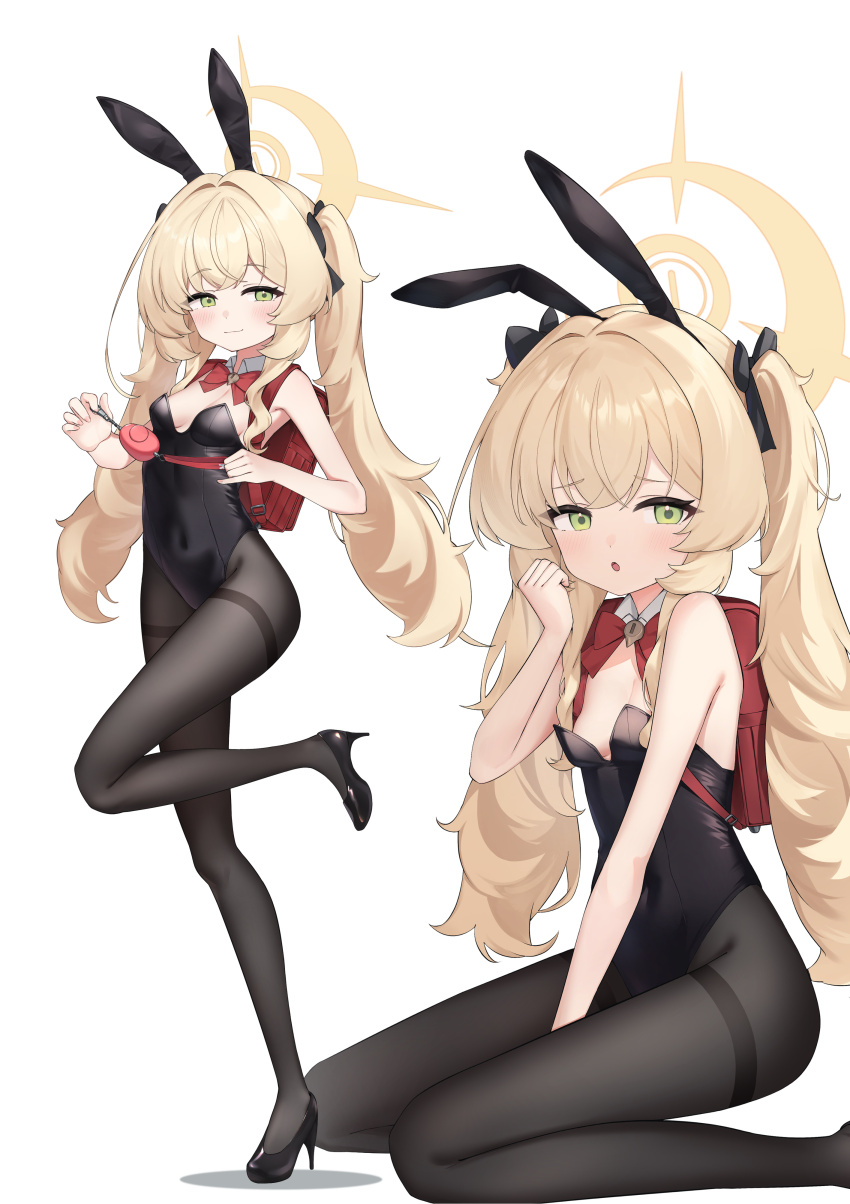 1girl absurdres alternate_costume alternate_hairstyle animal_ear_hairband animal_ears backpack bag bare_arms bare_shoulders between_legs black_hairband black_leotard black_ribbon black_shoes blonde_hair blue_archive blush bow bowtie breasts ciza_gomi cleavage closed_mouth crime_prevention_buzzer detached_collar fake_animal_ears green_eyes hair_ribbon hairband halo hand_between_legs high_heels highres holding holding_bag leotard loli long_hair looking_at_viewer open_mouth playboy_bunny professor_niyaniya_(blue_archive) rabbit_ear_hairband rabbit_ears randoseru red_bag red_bow red_bowtie ribbon shoes sidelocks sitting small_breasts smile solo standing standing_on_one_leg strapless strapless_leotard twintails wariza yellow_halo
