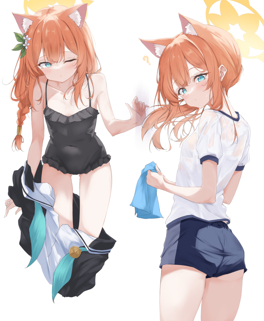 1girl animal_ear_fluff animal_ears ass bare_arms bare_shoulders black_one-piece_swimsuit black_shorts blue_archive blue_eyes blush braid cat_ears extra_ears gym_shirt gym_shorts gym_uniform haamon_(harmon) halo highres long_hair mari_(blue_archive) mari_(swimsuit)_(blue_archive) mari_(track)_(blue_archive) multiple_views one-piece_swimsuit one_eye_closed orange_hair parted_lips shirt short_sleeves shorts simple_background single_braid swimsuit white_background white_shirt yellow_halo