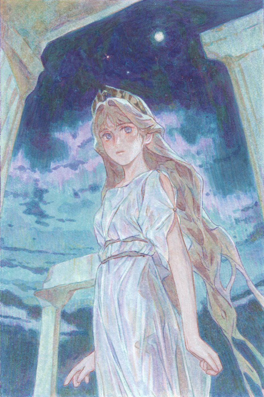 1girl absurdres ancient_greek_clothes blonde_hair blue_eyes blue_theme cloud column dress from_below full_moon greco-roman_clothes greek_mythology headgear highres long_hair looking_to_the_side moon night night_sky original outdoors peplos pillar sky very_long_hair xiao_hui
