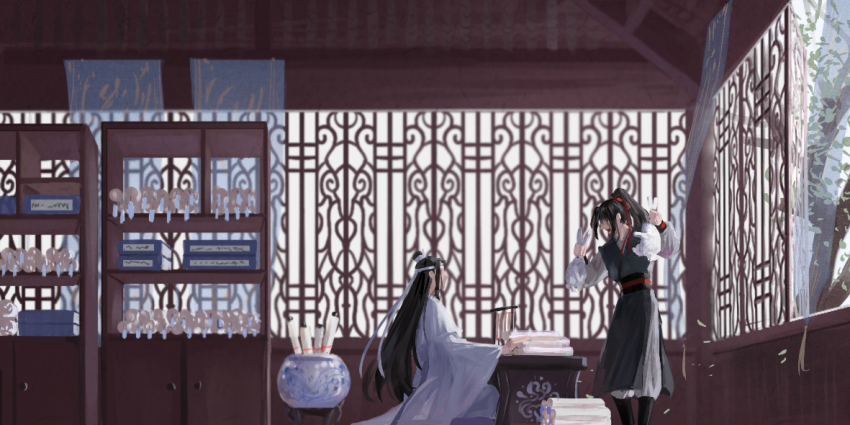 2boys animal black_boots black_hair black_hanfu black_sash book book_stack boots chinese_clothes cupboard desk falling_leaves hair_ribbon hanfu headband high_ponytail holding holding_animal indoors lan_wangji leaf long_hair long_sidelocks long_sleeves male_focus modao_zushi multiple_boys open_mouth open_window pants ponytail rabbit red_ribbon ribbon sash scroll shelf sidelocks sitting smile standing tassel topknot tree vase wei_wuxian white_hanfu white_headband white_pants white_rabbit_(animal) wide_sleeves window xianduguaitan xiao_guan_(headdress)