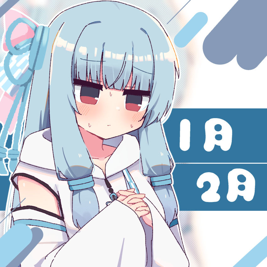 1girl bare_shoulders blue_hair blue_ribbon blunt_bangs blush closed_mouth collarbone commentary dated_commentary detached_sleeves hair_ribbon hibino_000 highres kotonoha_aoi long_hair own_hands_together red_eyes ribbon shirt sidelocks sleeveless sleeveless_shirt solo sweat translated upper_body voiceroid white_shirt white_sleeves wide_sleeves
