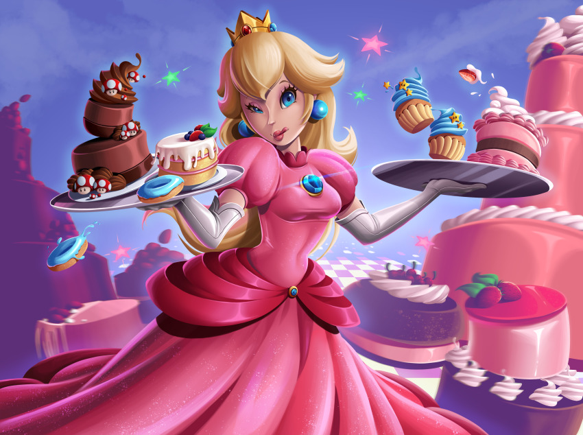 absurdres berry blonde_hair blue_background blue_eyes breasts cake cherry chocolate chocolate_cake crown cupcake donut dress earrings elbow_gloves european_clothes food food_focus fruit gloves highres holding holding_tray jewelry lipstick makeup mario_(series) medium_breasts nintendo one_eye_closed pink_dress princess_peach smile sofie-spangenberg sphere_earrings strawberry super_mario_bros._1 super_mushroom super_star_(mario) tongue tongue_out tray white_gloves