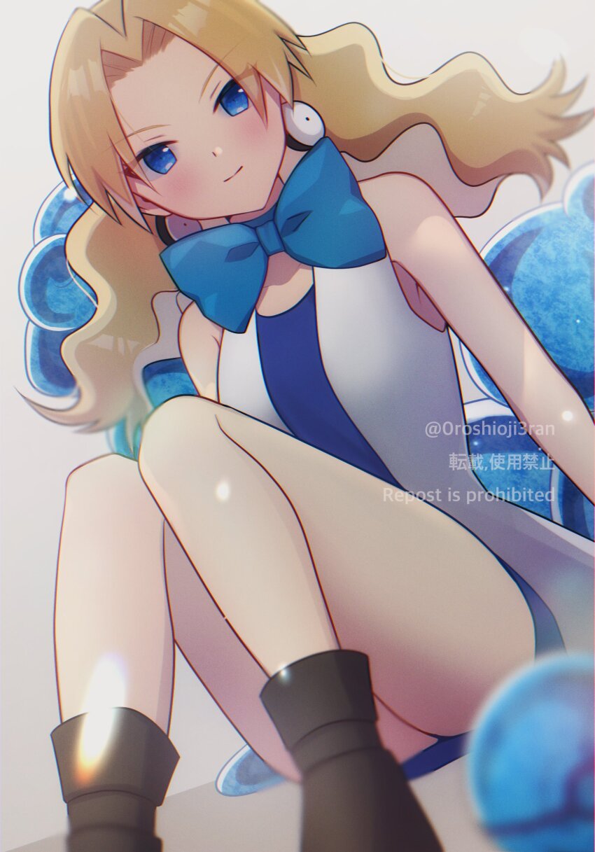0roshioji3ran 1girl aged_up blonde_hair blue_bow blue_bowtie blue_eyes blurry blush boots bow bowtie brown_boots closed_mouth commentary earrings game_freak highres jewelry legs long_hair looking_at_viewer molly_hale nintendo parted_bangs pokemon pokemon_(anime) pokemon_(classic_anime) pokemon_3:_the_movie_-_spell_of_the_unown:_entei sitting smile solo symbol-only_commentary twitter_username watermark wavy_hair