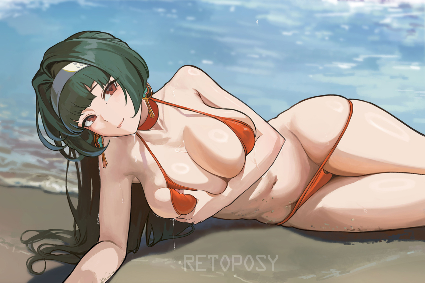 1girl armpits artist_name astra_yao beach bikini black_hair breasts cleavage commentary covered_erect_nipples deep_skin earrings english_commentary facial_mark grabbing_own_breast hair_intakes hairband jewelry large_breasts long_hair looking_at_viewer lying micro_bikini mole mole_under_each_eye mole_under_eye multiple_moles navel ocean on_side orange_bikini paid_reward_available red_eyes retoposy skindentation smile solo swimsuit wet zenless_zone_zero