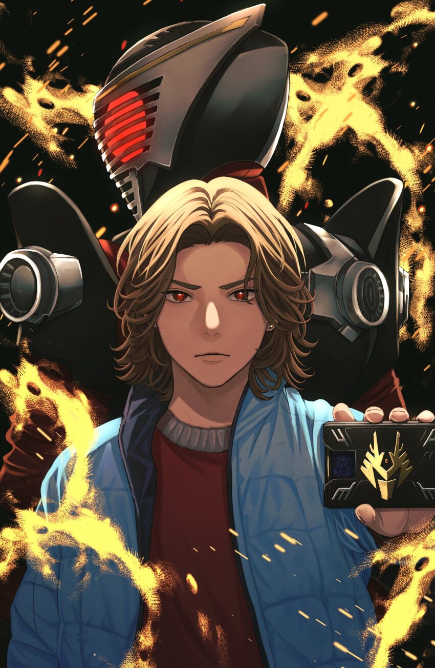 2boys anniversary armor black_background blue_jacket bodysuit broken_glass brown_hair card_deck_(ryuki) compound_eyes contract_monster copyright_name dragon expressionless fire fire glass henshin highres jacket kamen_rider kamen_rider_ryuki kamen_rider_ryuki_(series) kidou_shinji looking_at_viewer male_focus multiple_boys open_mouth red_bodysuit red_eyes sasakura34 two-tone_background upper_body v_buckle white_background