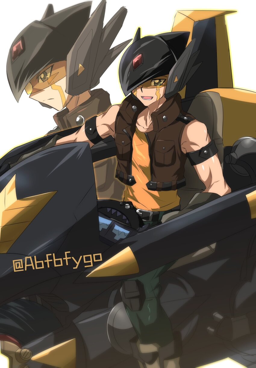 1boy abfbfygo bare_shoulders black_helmet brown_vest crow_hogan d-wheel duel_disk facial_mark green_pants helmet highres looking_at_viewer male_focus motor_vehicle motorcycle multiple_views muscular muscular_male pants shirt simple_background sleeveless sleeveless_shirt twitter_username vest white_background yellow_shirt yu-gi-oh! yu-gi-oh!_5d&#039;s