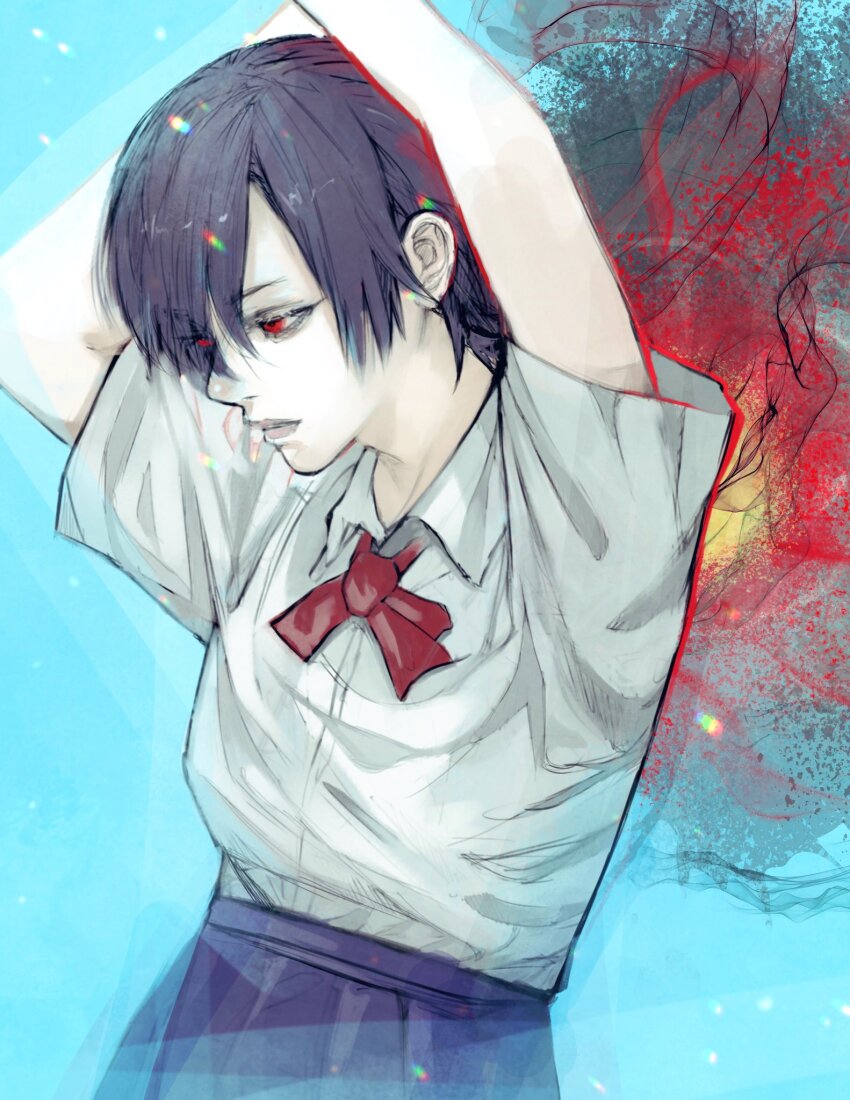 1girl blue_hair hair_over_one_eye highres kagune_(tokyo_ghoul) kirishima_touka open_mouth pleated_skirt red_eyes school_uniform shirt short_hair skirt solo stfr_(stfr_kaz) tokyo_ghoul white_shirt