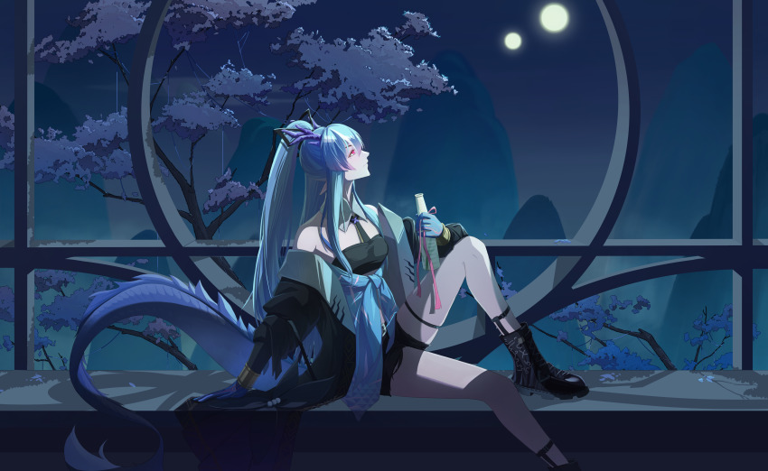 1girl absurdres ankle_boots arknights bare_shoulders black_boots black_jacket black_shorts blue_hair boots bracelet closed_mouth colored_extremities commentary dragon_girl dragon_horns dragon_tail full_moon highres holding horns jacket jewelry ling_(arknights) long_hair looking_up moon multiple_moons night off_shoulder plant profile puxiabcde_(zhu_mu_zhi) realistic red_eyes shorts sitting solo symbol-only_commentary tail thigh_strap tree uroko_(pattern)