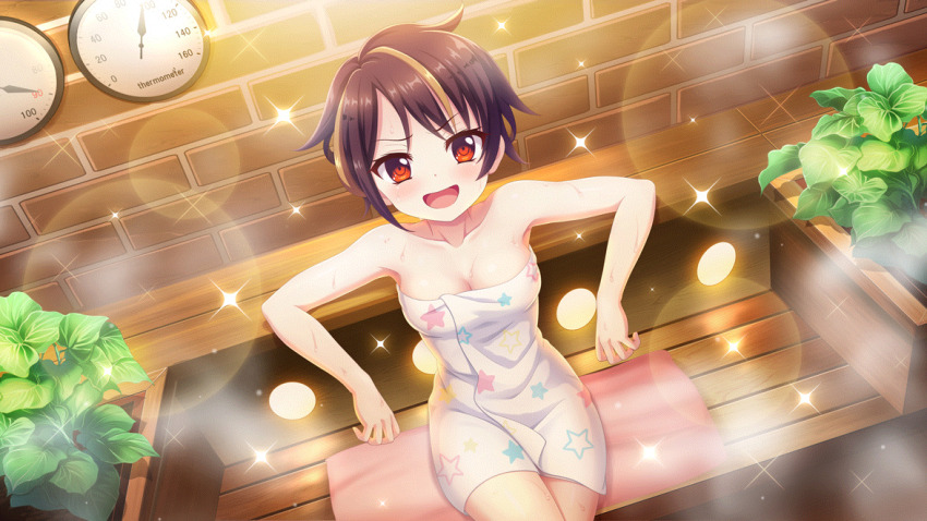 1girl bandou_mikuru bench blonde_hair breasts brick_wall brown_hair cleavage collarbone crossed_legs dot_nose dutch_angle film_grain from_above game_cg gauge indoors izumi_tsubasu lens_flare medium_breasts multicolored_hair naked_towel non-web_source official_art on_bench open_mouth plant print_towel re:stage! reclining red_eyes sauna short_hair sitting smile solo sparkle star_(symbol) star_print steam streaked_hair sweat towel two-tone_hair very_sweaty wooden_bench