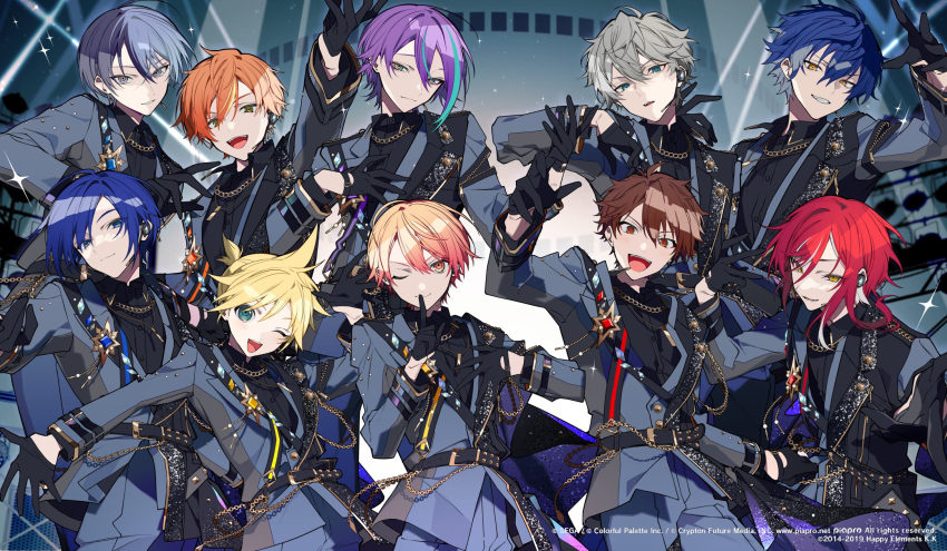 6+boys aoyagi_touya black_gloves black_hair black_shirt blazer blonde_hair blue_hair collared_shirt commentary_request crossover earphones ensemble_stars! fang gloves green_eyes grey_eyes grey_hair grey_jacket grin half_gloves highres jacket kagamine_len kaito_(vocaloid) kamishiro_rui looking_at_viewer male_focus matching_outfits mochizuki_kei morisawa_chiaki multicolored_hair multiple_boys official_art open_mouth orange_eyes project_sekai purple_hair red_hair sakasaki_natsume sazanami_jun sena_izumi_(ensemble_stars!) shinonome_akito shirt short_hair_with_long_locks smile spiked_hair tenma_tsukasa two-tone_hair vocaloid