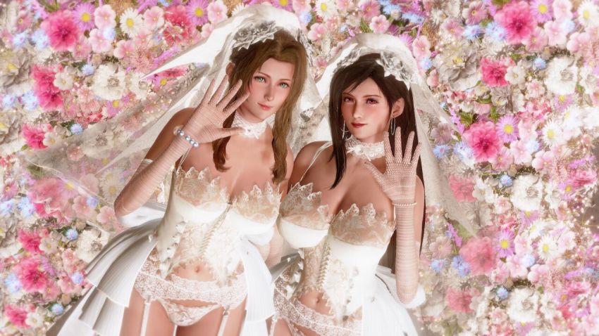 2girls 3d aerith_gainsborough artist_request black_hair bracelet breasts bridal_lingerie bridal_veil brown_hair choker cleavage dress final_fantasy final_fantasy_vii final_fantasy_vii_remake floral_background green_eyes jewelry large_breasts lingerie long_hair looking_at_viewer medium_breasts multiple_girls necklace nemui_(54995339) outstretched_hand panties parted_bangs red_eyes sidelocks smile square_enix tifa_lockhart underwear upper_body veil wavy_hair wedding_dress white_lingerie white_panties