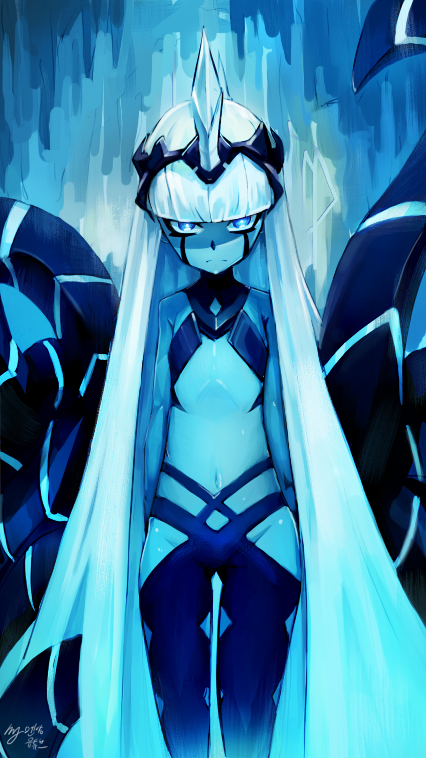 001_(darling_in_the_franxx) 1girl blue_eyes blue_skin blunt_bangs colored_skin darling_in_the_franxx female_focus flat_chest highres long_hair monster_girl my700 navel serious signature solo very_long_hair