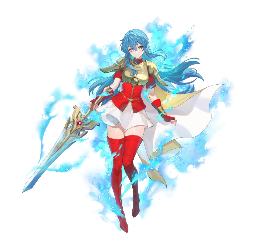 1girl absurdres armor blue_aura blue_eyes blue_hair boots closed_mouth commentary_request eirika_(emblem)_(fire_emblem) eirika_(fire_emblem) energy fingerless_gloves fire_emblem fire_emblem:_the_sacred_stones fire_emblem_engage fire_emblem_heroes full_body gloves highres holding holding_sword holding_weapon long_hair nintendo official_art red_boots red_gloves sieglinde_(sword) simple_background smile solo sword teffish thigh_boots thighs weapon white_background yellow_armor