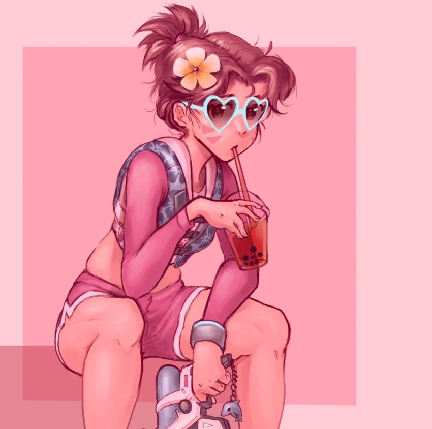 1girl alternate_hair_length alternate_hairstyle blue-framed_eyewear bubble_tea commentary crop_top d.va_(overwatch) dolphin_pendant dolphin_shorts english_commentary facial_mark flower gun hair_flower hair_ornament heart heart-shaped_eyewear heart-shaped_glasses heart_glasses highres holding holding_gun holding_weapon life_vest long_sleeves looking_at_viewer official_alternate_costume overwatch overwatch_1 pink_background pink_shorts pink_sleeves ponytail rash_guard ron_tsfany short_hair short_ponytail shorts simple_background sitting solo sunglasses symbol-shaped_pupils updo vest water_gun waveracer_d.va weapon whisker_markings