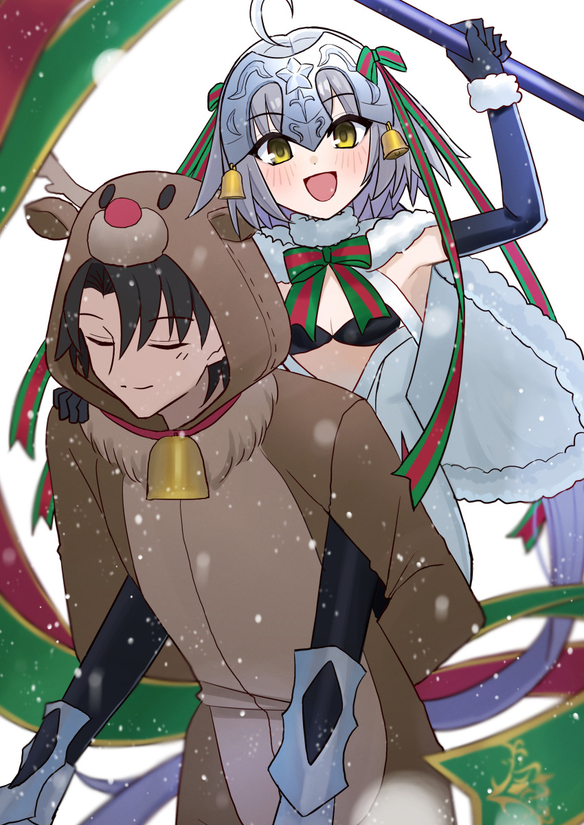 1girl absurdres ahoge animal_costume bell black_bra black_hair blush bra breasts cape carrying closed_eyes elbow_gloves fate/grand_order fate_(series) fujimaru_ritsuka_(male) gloves hair_ribbon headpiece high_heels highres holding holding_polearm holding_weapon jeanne_d&#039;arc_alter_santa_lily_(fate) piggyback polearm reindeer_costume ribbon shintyoi2 small_breasts snow snowing underwear weapon white_cape white_hair yellow_eyes