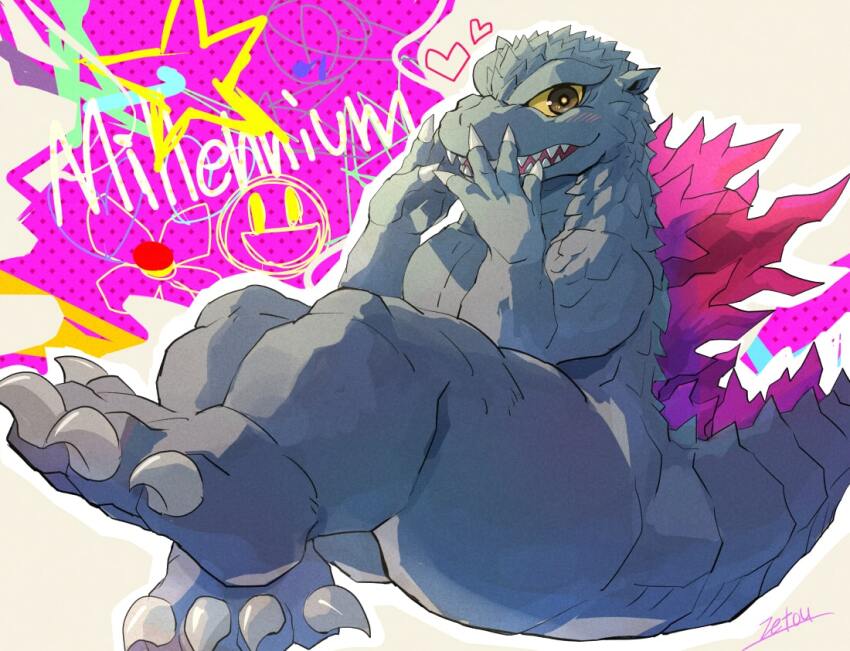 1other claws colored_sclera godzilla godzilla_(series) godzilla_vs._megaguirus hands_up heart kaiju looking_at_viewer monster reptile sharp_teeth spines teeth toho tsk03 yellow_sclera