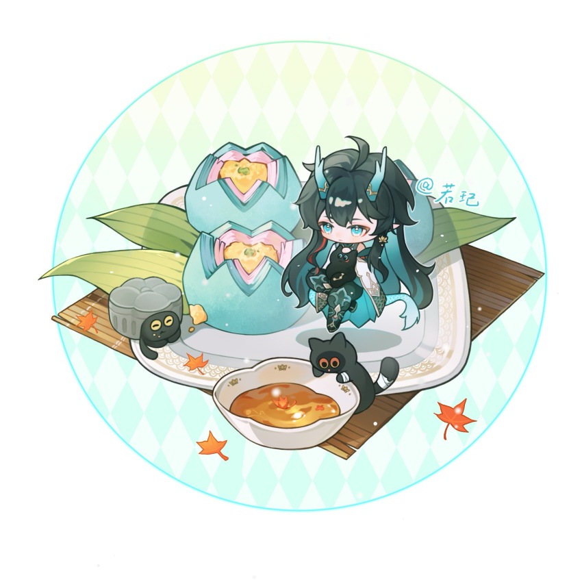 1boy black_cat black_hair cat chibi chibi_only chinese_clothes chinese_commentary colored_inner_hair commentary_request critter_pick_(honkai:_star_rail) dan_heng_(honkai:_star_rail) dan_heng_(imbibitor_lunae)_(honkai:_star_rail) eastern_dragon_horns egg floating green_eyes green_hair green_horns hair_between_eyes highres honkai:_star_rail honkai_(series) horns long_hair male_focus multicolored_hair plate ruo_qi solo very_long_hair