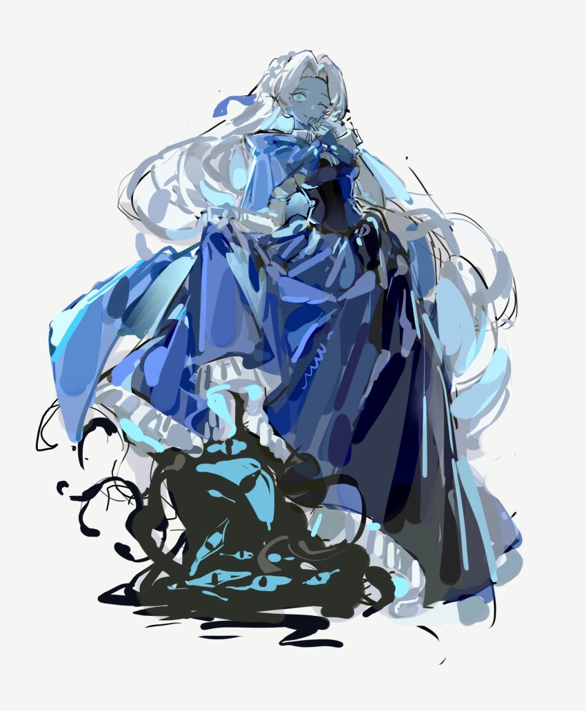 1boy aqua_eyes basket blue_eyes blue_flower braid chinese_commentary cloak commentary_request cookie_run cookie_run:_kingdom crossdressing f4d1a6 flower flower_basket heterochromia highres holding holding_basket hood hooded_cloak long_hair looking_at_viewer male_focus shadow_milk_cookie smile solo translation_request trap white_background white_hair