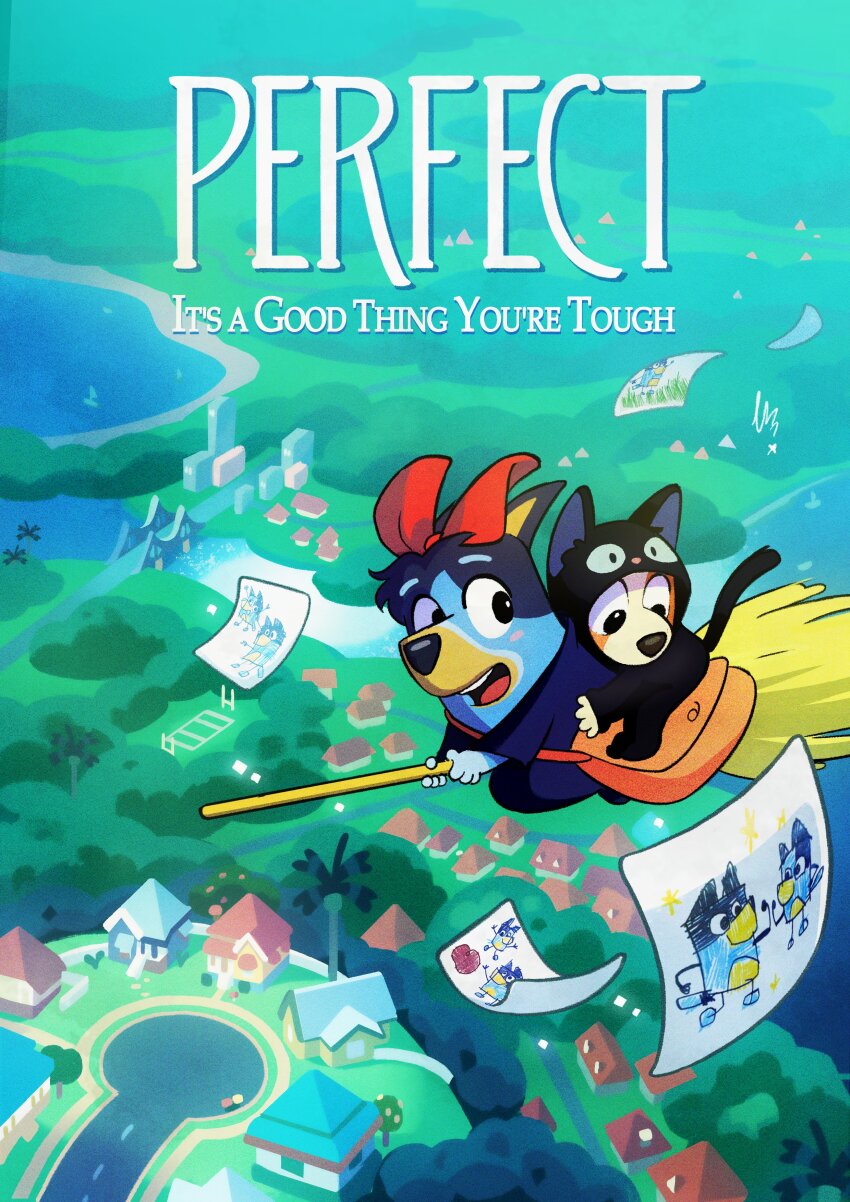 2girls absurdres bag bandit_heeler bingo_heeler bluey bluey_heeler broom broom_riding cosplay costa_daniel_kassab flying_paper highres jiji_(majo_no_takkyuubin) jiji_(majo_no_takkyuubin)_(cosplay) kiki_(majo_no_takkyuubin) kiki_(majo_no_takkyuubin)_(cosplay) looking_down looking_to_the_side majo_no_takkyuubin movie_poster multiple_girls paper poster_parody