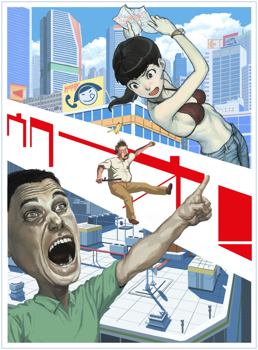 1girl 2boys banana bikini bikini_top_only bracelet city cityscape denim earrings faith_connors food fruit highres jeans jewelry map mirror&#039;s_edge mirror&#039;s_edge_(series) multiple_boys nababa open_mouth pants parkour pointing ponytail rooftop swimsuit tonfa tripping weapon what