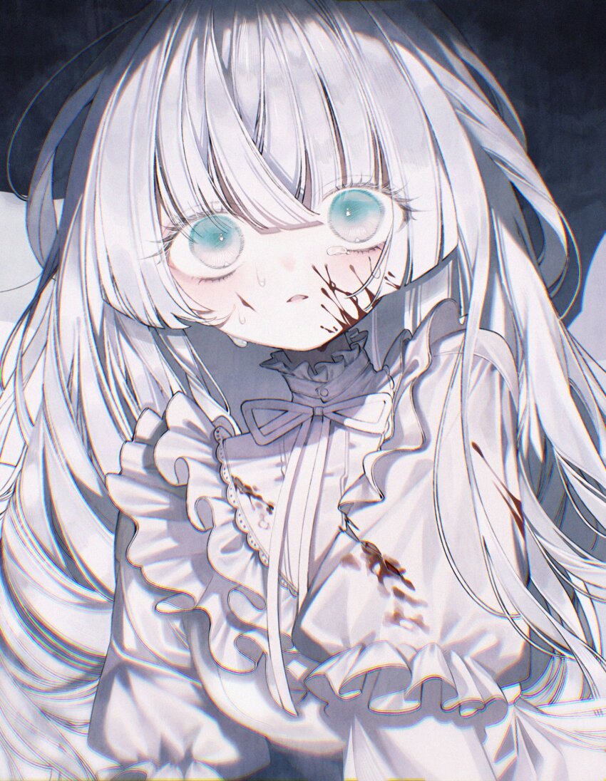 1girl aqua_eyes blood blood_on_clothes blood_on_face bloody_clothes bloody_dress breasts collar dress frilled_collar frills grey_hair highres long_hair looking_at_viewer neck_ribbon original otitukoune parted_lips ribbon solo sweatdrop tearing_up upper_body white_dress white_ribbon