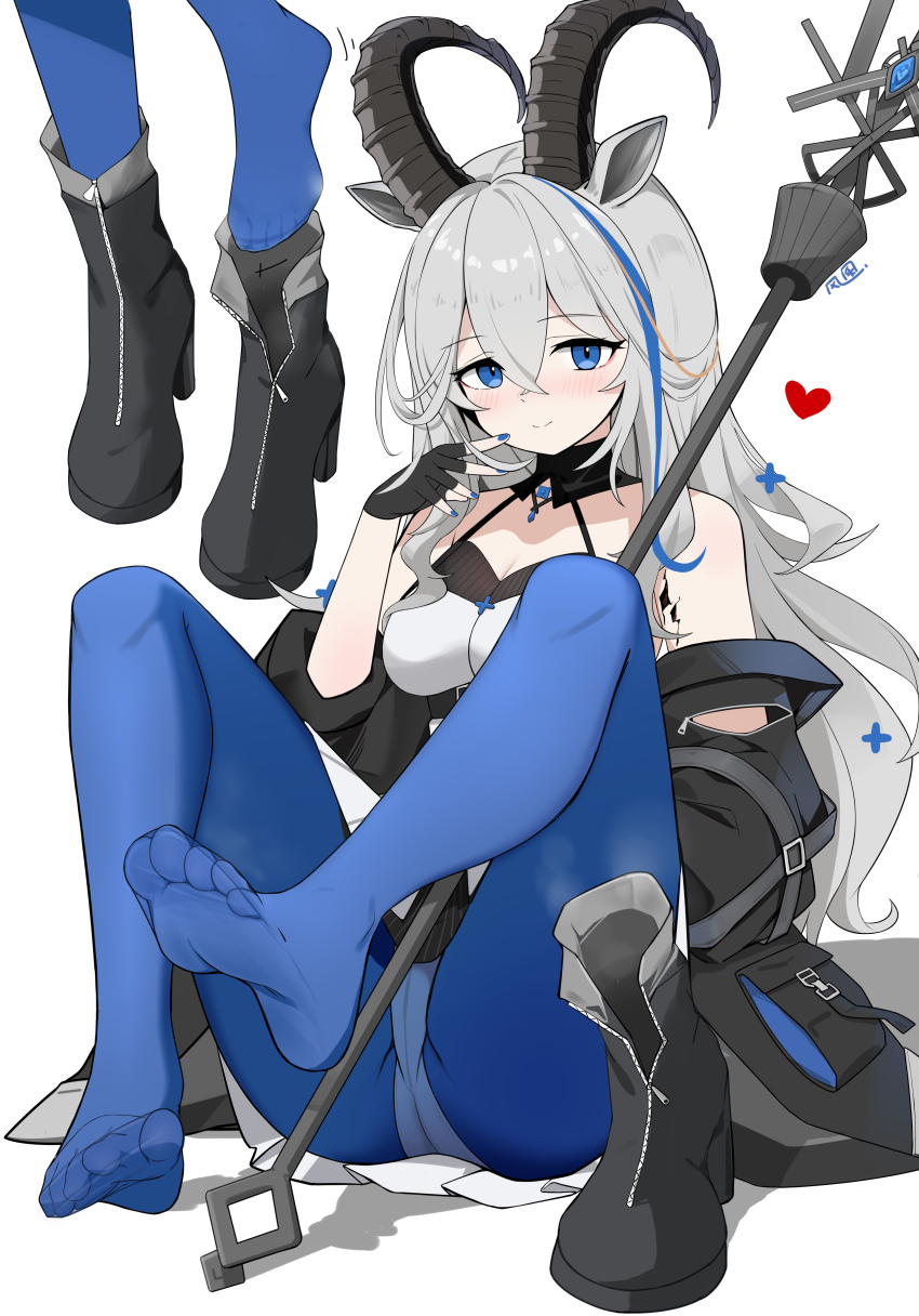 1girl absurdres arknights blue_eyes blue_pantyhose blush boots feet fengqun goat_horns grey_hair highres horns long_hair looking_at_viewer multicolored_hair panties panties_under_pantyhose pantyhose pantyshot shoes smell smile soles steam streaked_hair toes underwear unworn_boots unworn_shoes
