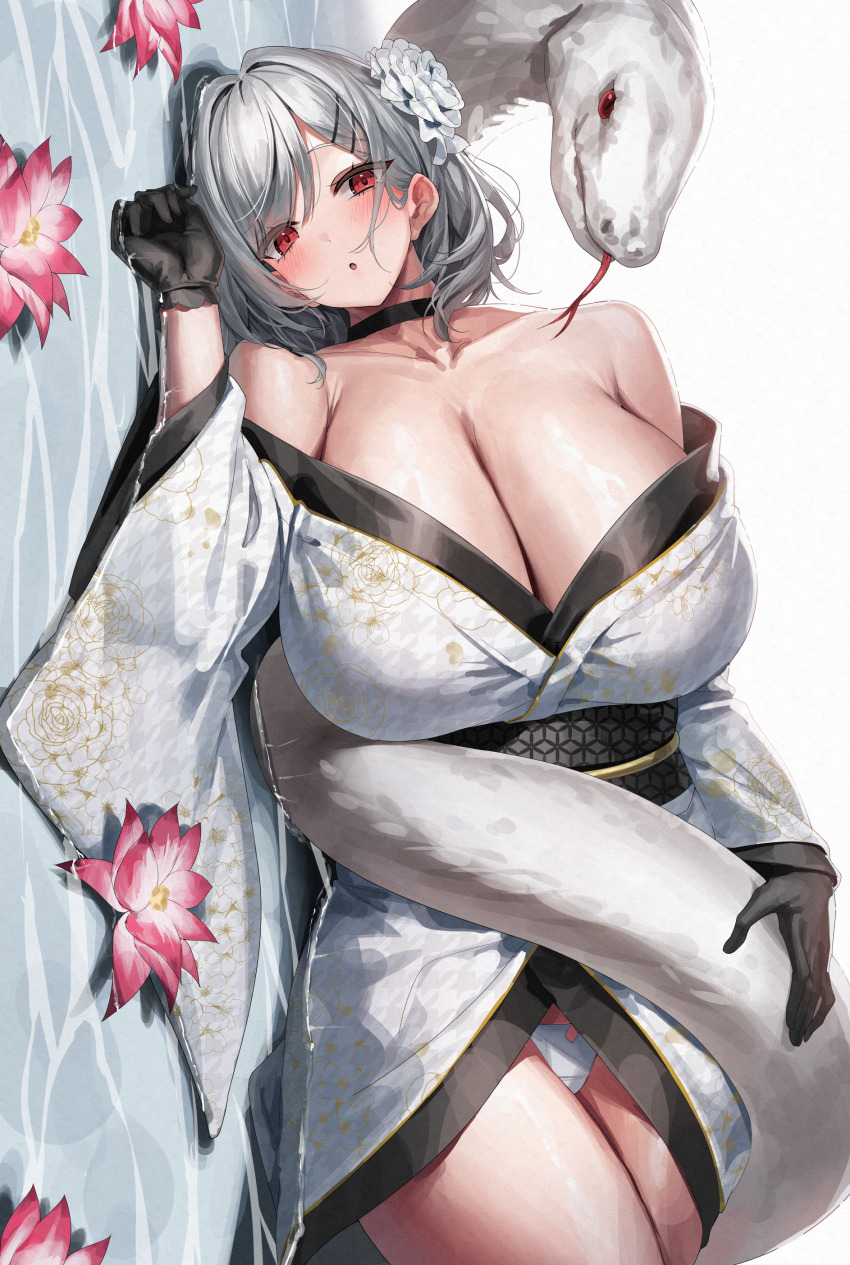 1girl absurdres bare_shoulders black_gloves blush breasts choker cleavage flower gloves grey_hair highres huge_breasts long_sleeves looking_at_viewer obi original panties red_eyes sash snake solo thighs underwear white_panties wide_sleeves yamanokami_eaka