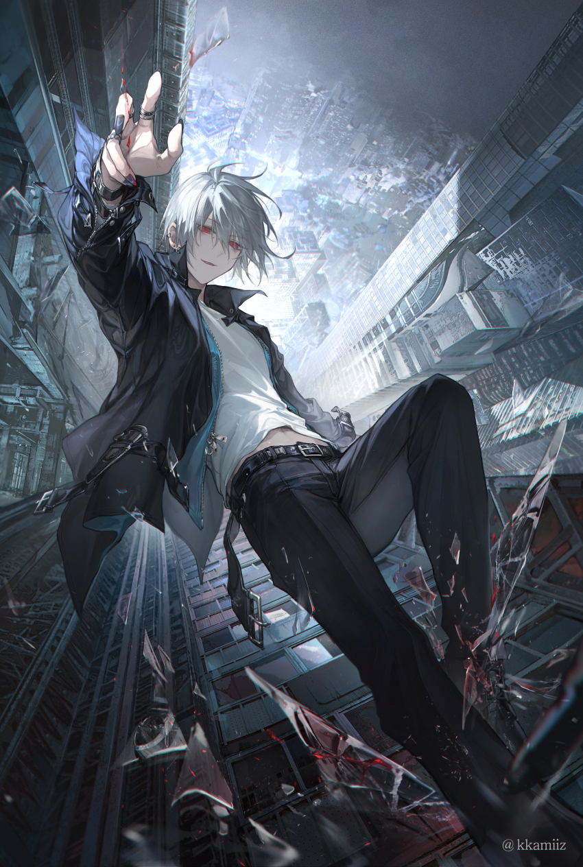 1boy absurdres black_jacket black_pants black_shoes building commentary full_body grey_hair hair_between_eyes highres jacket kkamiiz long_sleeves looking_at_viewer male_focus open_clothes open_jacket original outdoors outstretched_arm pants parted_lips red_eyes shards shirt shoes short_hair smile solo white_shirt