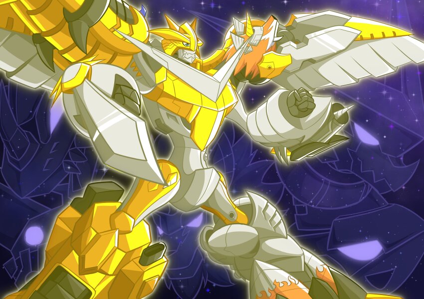 absurdres armor atlurballistamon digimon digimon_(creature) fusion highres horns omegashoutmon raptorsparrowmon shoutmon_ex6 solo wings yaegerdorulumon zekegreymon