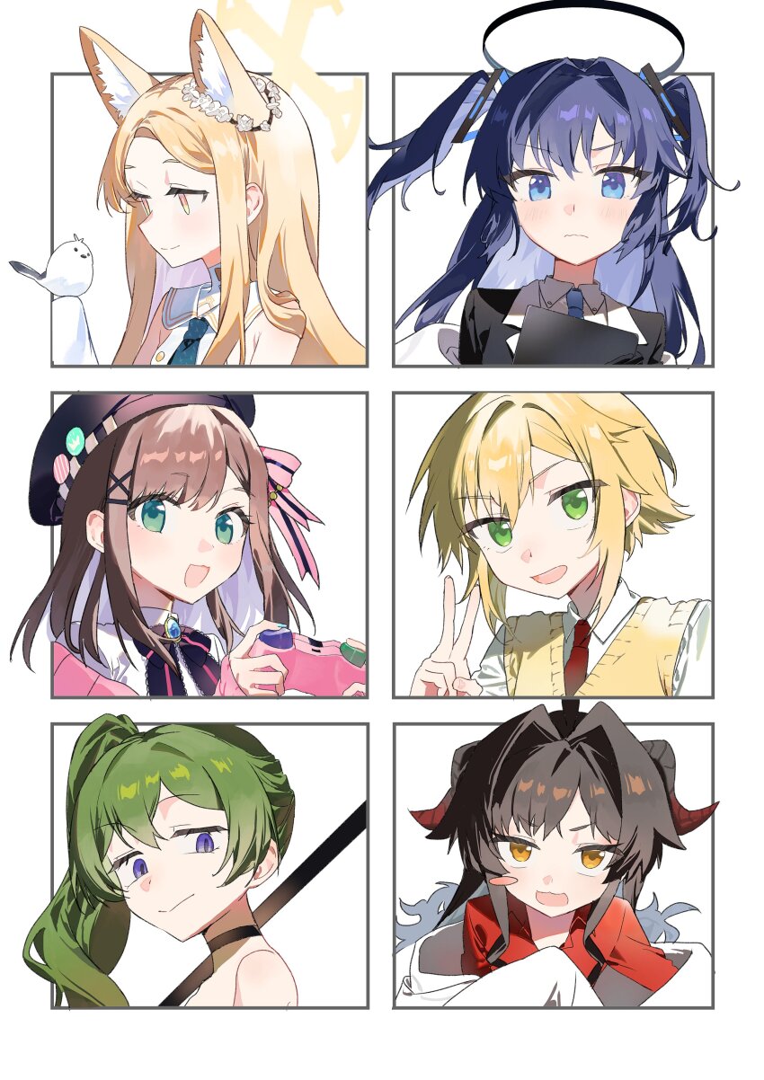 1boy 5girls 6koma blue_archive brown_hair comic green_hair kasumi_(blue_archive) multiple_girls nijisanji nmnm2332chan purple_eyes purple_hair red_shirt seia_(blue_archive) shirt sousou_no_frieren suzuhara_lulu twitter ubel_(sousou_no_frieren) uzuki_kou virtual_youtuber yellow_eyes yuuka_(blue_archive)