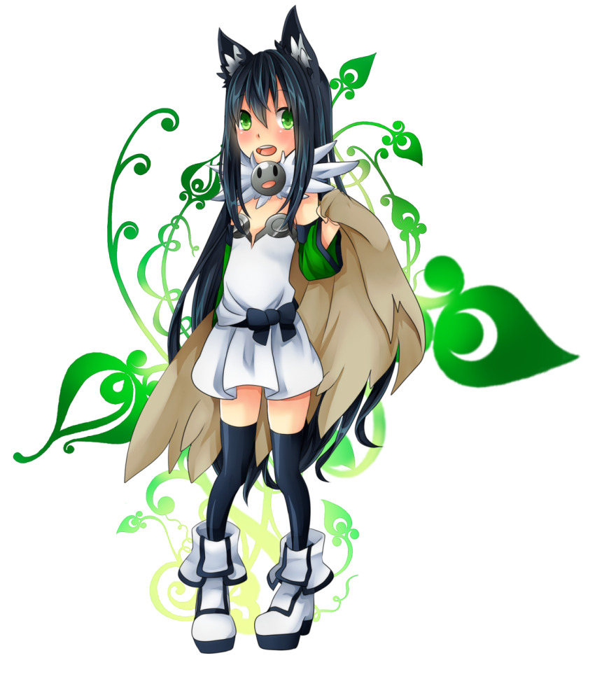 1girl alchemist_(ragnarok_online) alternate_color animal_ears black_bow black_hair black_thighhighs blush boots bow brown_cape cape cat_ears cat_girl commentary_request detached_sleeves dress full_body fur_collar green_eyes green_sleeves highres long_hair looking_at_viewer meiko_(nattu303) open_mouth ragnarok_online short_dress simple_background smile solo strapless strapless_dress teeth thighhighs upper_teeth_only very_long_hair waist_bow white_background white_boots white_dress