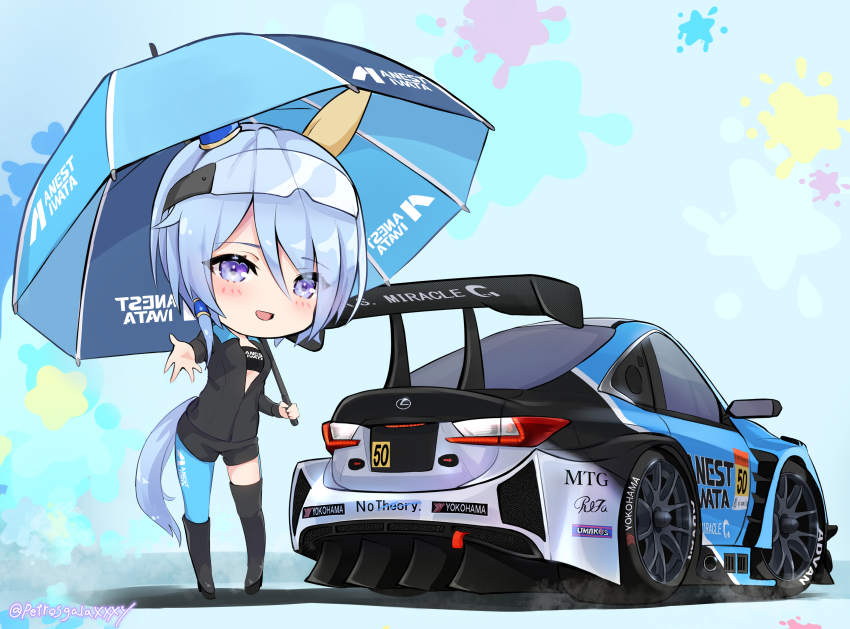 1girl absurdres animal_ears blue_eyes blue_hair chibi ear_covers highres horse_ears horse_girl horse_tail k.s.miracle_(umamusume) lexus lexus_rc_f long_sleeves looking_at_viewer peteron short_hair smile solo spoiler_(automobile) super_gt tail umamusume
