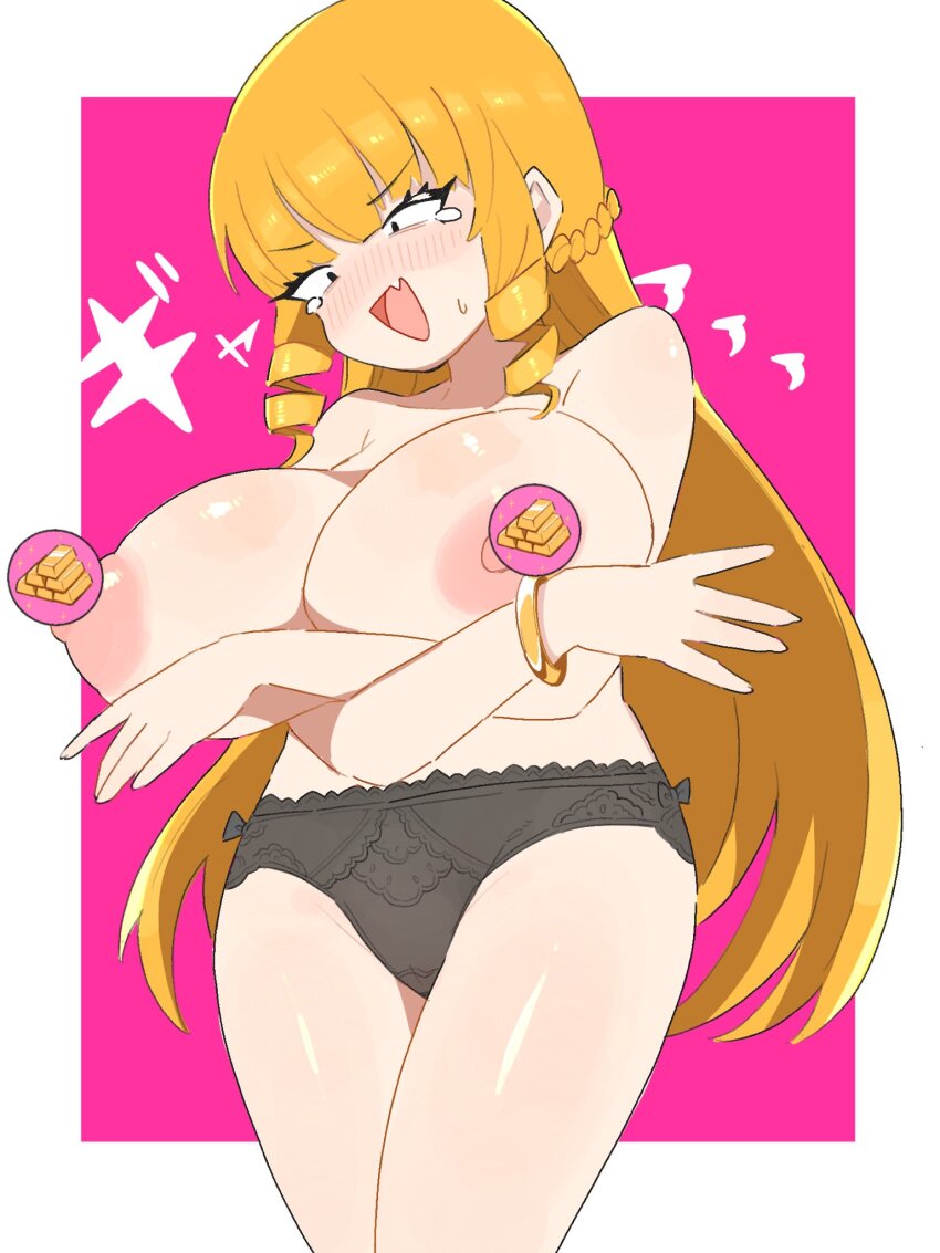 1girl arms_under_breasts black_panties blonde_hair bracelet breasts censored censored_nipples embarrassed fang gold_bar gold_bracelet havilaladlf highres huge_breasts jewelry kaneda_mochiko long_hair looking_down mount_celeb_kaneda-san nipples novelty_censor open_mouth panties pointless_censoring tearing_up topless_female underwear