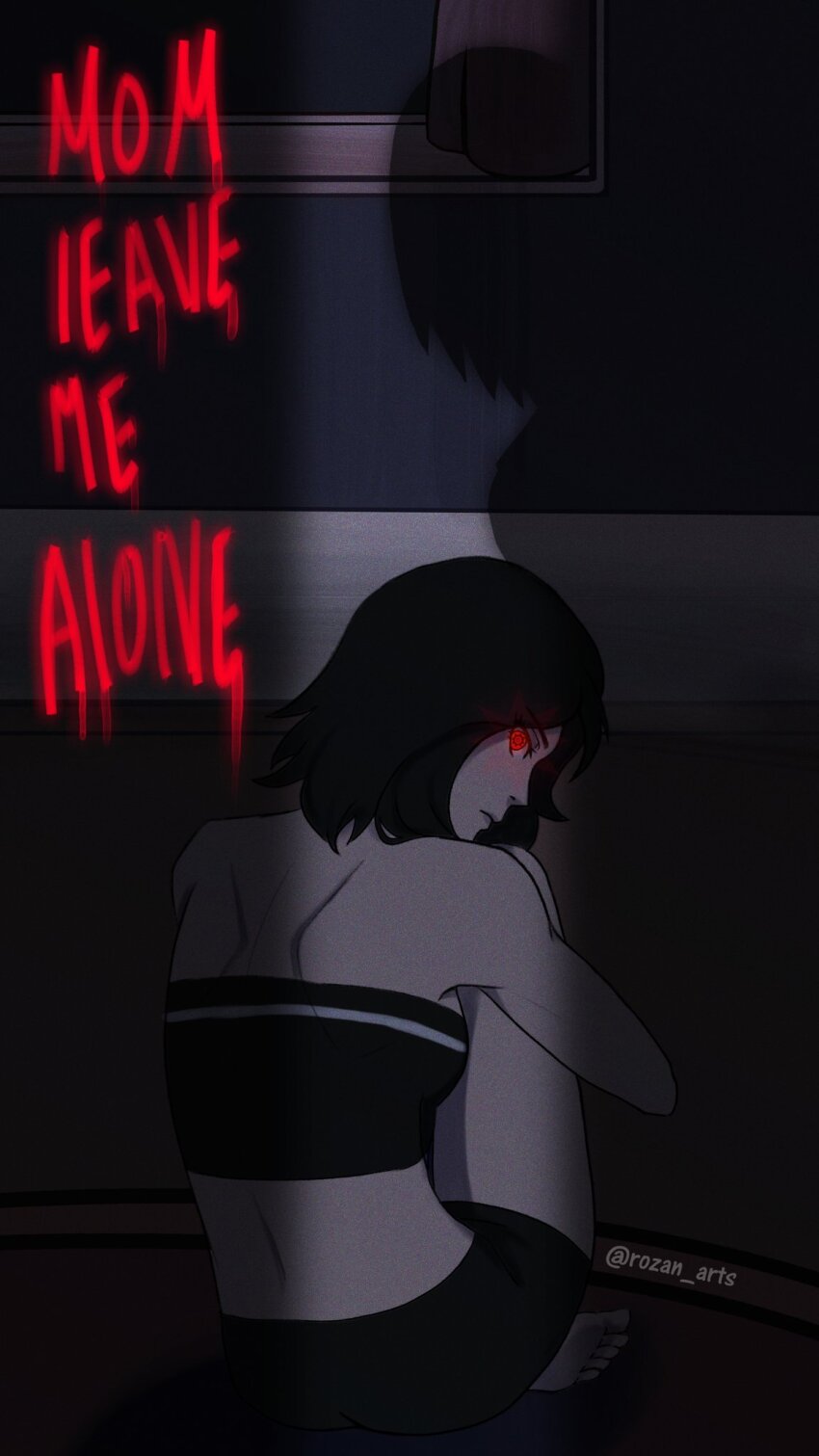 1girl alt_text bare_shoulders black_hair black_tube_top boruto:_naruto_next_generations breasts commentary english_commentary english_text from_behind haruno_sakura highres hugging_own_legs looking_back mangekyou_sharingan naruto_(series) red_eyes rozan_arts shade sharingan shoulder_blades sitting small_breasts solo strapless tube_top twitter_username uchiha_sarada