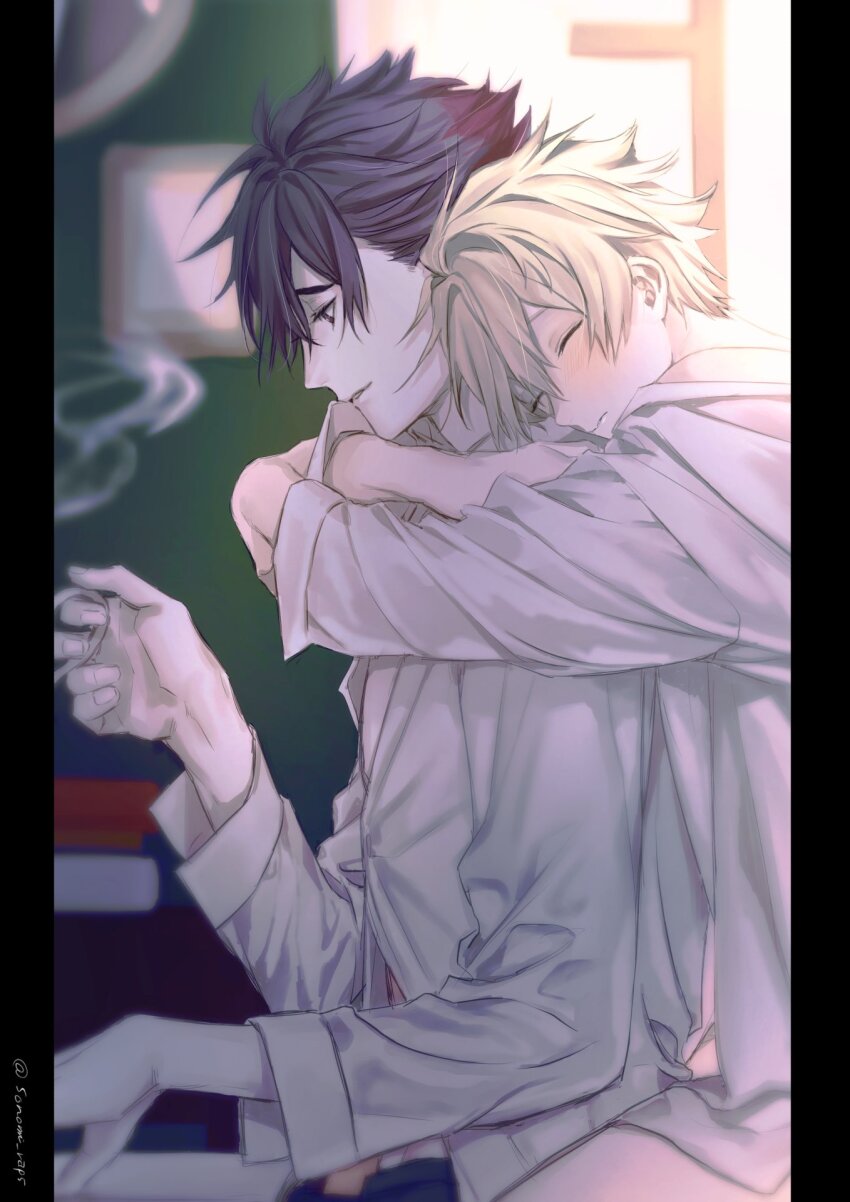 2boys alchemy_stars black_hair blush closed_eyes closed_mouth cup from_side highres holding holding_cup hug hug_from_behind kleken_(alchemy_stars) long_sleeves male_focus multiple_boys navigator_(alchemy_stars) parted_lips pillarboxed shirt sonomi spiked_hair steam white_hair white_shirt yaoi