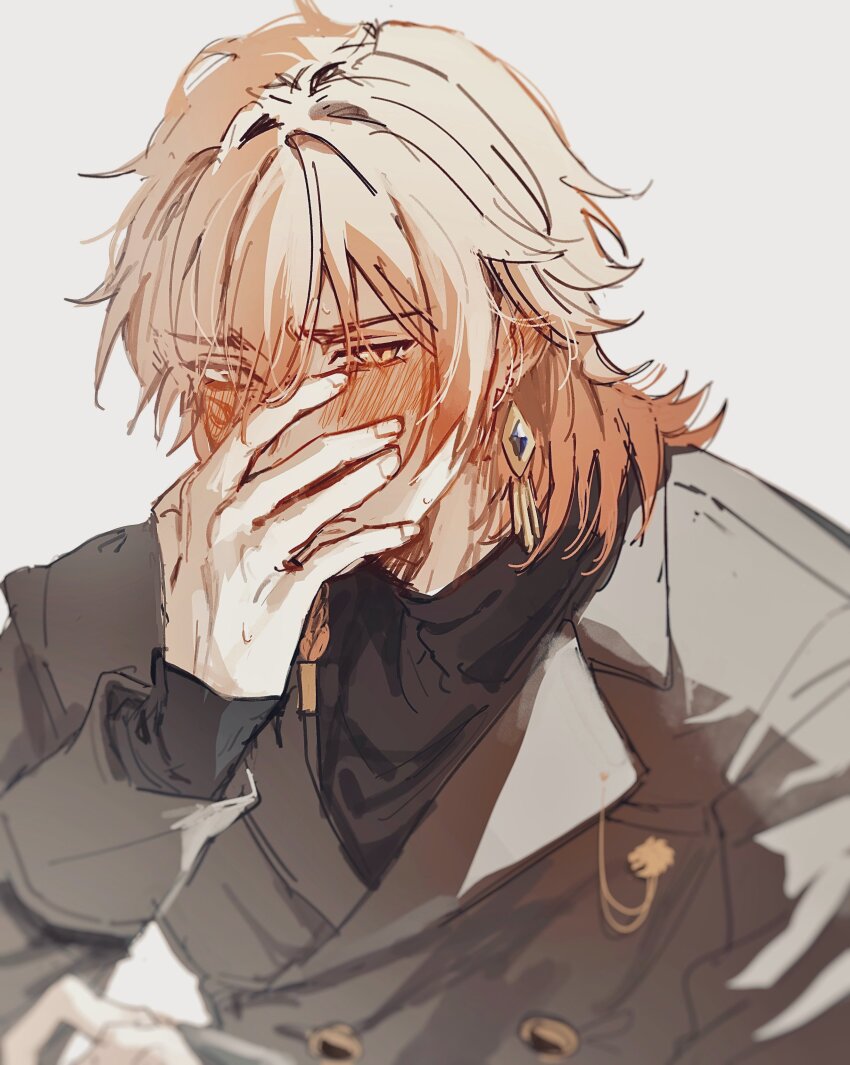 1boy absurdres blonde_hair blush collared_coat colored_tips covered_face earrings facial_tattoo flustered furrowed_brow ggtnnk gold_earrings hand_over_face highres honkai:_star_rail honkai_(series) jewelry long_sleeves male_focus medium_hair multicolored_hair mydei_(honkai:_star_rail) simple_background sketch solo tattoo turning_head turtleneck white_background yellow_eyes