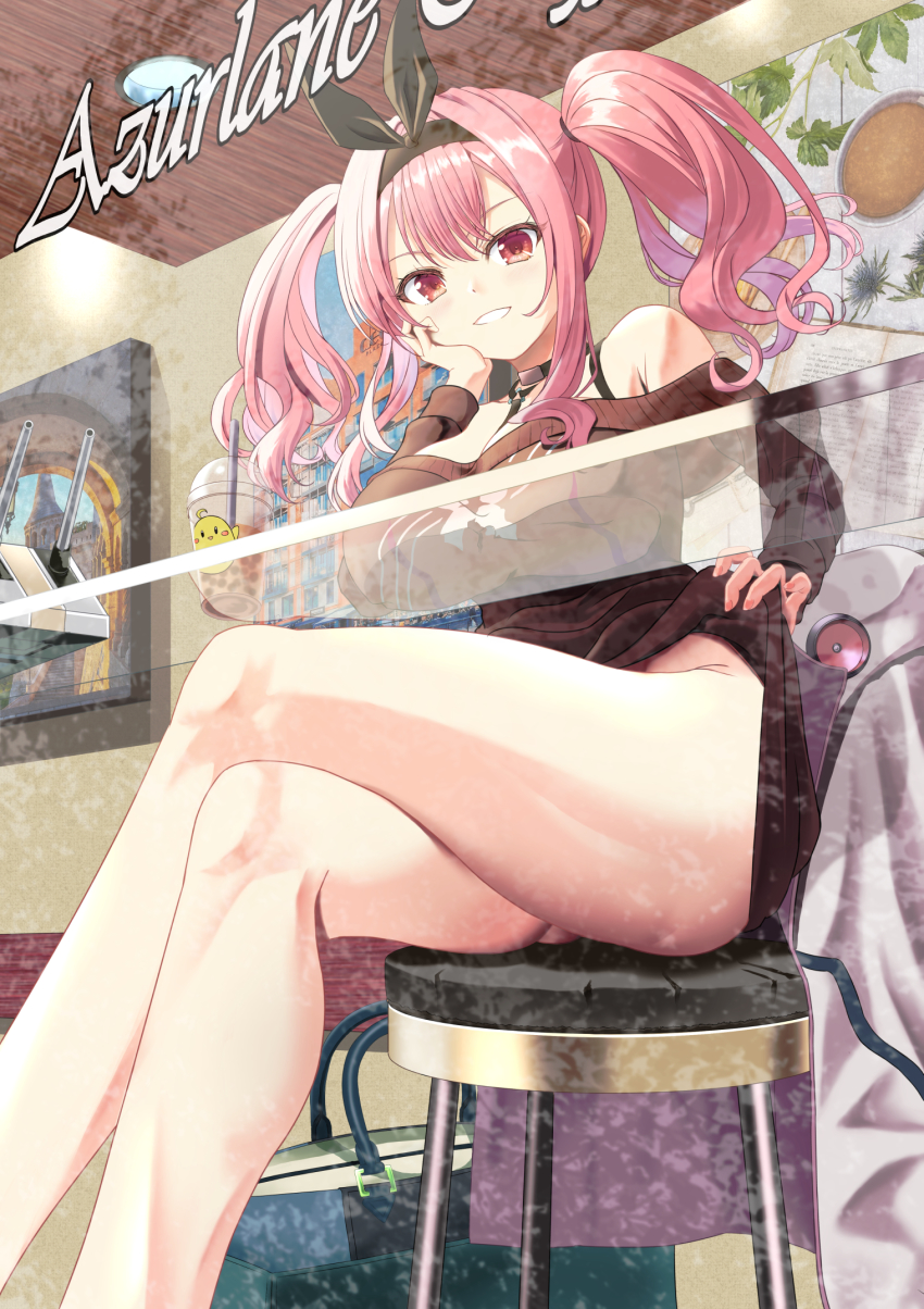 1girl ass azur_lane bare_shoulders between_breasts black_hairband breasts bremerton_(azur_lane) bremerton_(day-off_date)_(azur_lane) brown_dress brown_sweater bubble_tea clothes_lift coat unworn_coat copyright_name cup disposable_cup dress feet_out_of_frame flashing from_below from_outside glass_table hairband hand_on_own_cheek hand_on_own_face highres jacket kagura_hiromu large_breasts crossed_legs looking_at_viewer looking_down manjuu_(azur_lane) multicolored_hair no_panties off-shoulder_dress off-shoulder_sweater off_shoulder official_alternate_costume pink_eyes pink_hair reflection sitting smile solo star_(symbol) star_print strap_between_breasts streaked_hair sweater sweater_dress sweater_lift table teeth two-tone_hair white_jacket