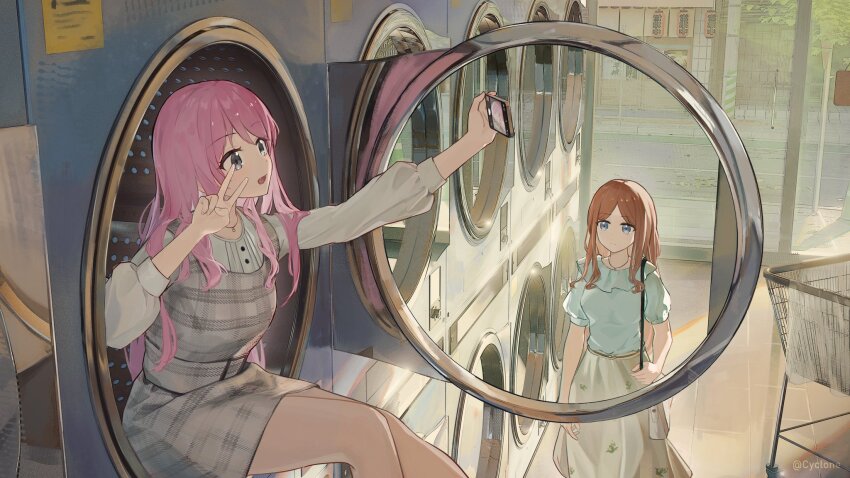 2girls bag bang_dream! bang_dream!_it&#039;s_mygo!!!!! blue_eyes blue_shirt brown_hair chihaya_anon commentary_request cyrilcyclone dress fang grey_dress grey_eyes highres in_washing_machine jewelry laundromat laundry_basket long_hair multiple_girls nagasaki_soyo necklace open_mouth pinafore_dress pink_hair plaid_clothes plaid_dress selfie shirt short_sleeves shoulder_bag sitting sleeveless sleeveless_dress twitter_username v