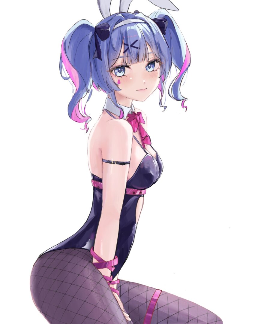 1girl animal_ears bare_shoulders black_leotard black_ribbon blue_eyes blue_hair bow bowtie brown_pantyhose center-flap_bangs closed_mouth clothing_cutout colored_inner_hair detached_collar fishnet_pantyhose fishnets hair_ornament hair_ribbon hairband hatsune_miku heart_cutout highres leotard long_hair multicolored_hair pantyhose pink_bow pink_bowtie pink_hair playboy_bunny rabbit_ears rabbit_hole_(vocaloid) ribbon short_twintails teardrop_facial_mark thigh_strap twintails ushi_yo vocaloid white_hairband x_hair_ornament