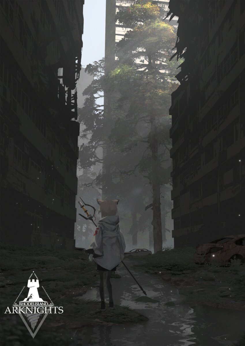 1girl absurdres after_rain animal_ears arknights black_pantyhose building car copyright_name damaged dark day fireflies fox_ears from_behind full_body gloves grey_hair highres holding holding_staff jacket long_sleeves motor_vehicle muted_color outdoors pantyhose post-apocalypse prezonya46 rhodes_island_logo_(arknights) ruins scenery skyscraper solo staff standing sussurro_(arknights) tree white_gloves white_jacket