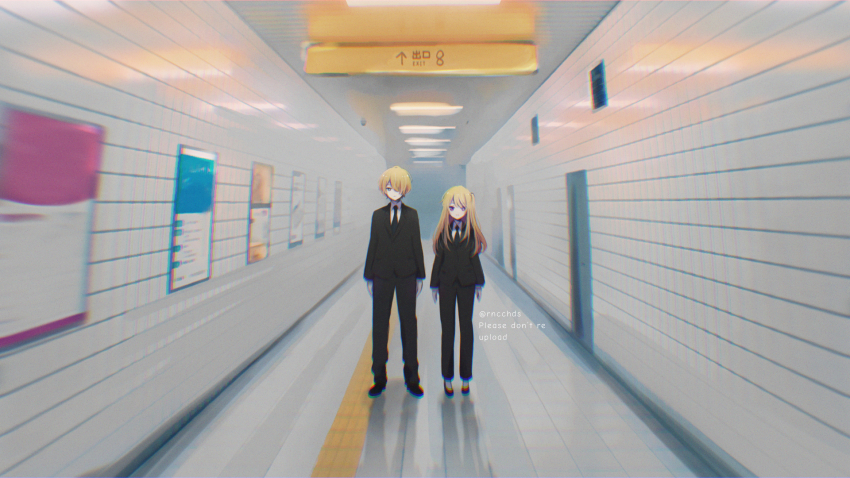 1boy 1girl black_footwear black_jacket black_necktie black_pants blonde_hair blue_eyes brother_and_sister collared_shirt english_text formal_clothes full_body highres hoshino_aquamarine hoshino_ruby indoors jacket necktie oshi_no_ko pants pink_eyes rncchds shirt short_hair siblings smile the_exit_8 tile_wall tiles white_shirt