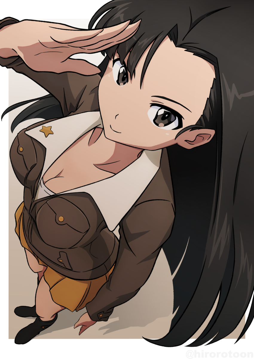 1girl black_hair breasts brown_eyes chi-hatan_military_uniform cleavage closed_mouth collarbone ehirorotoon from_above girls_und_panzer highres large_breasts long_hair looking_at_viewer military_uniform nishi_kinuyo salute simple_background smile solo