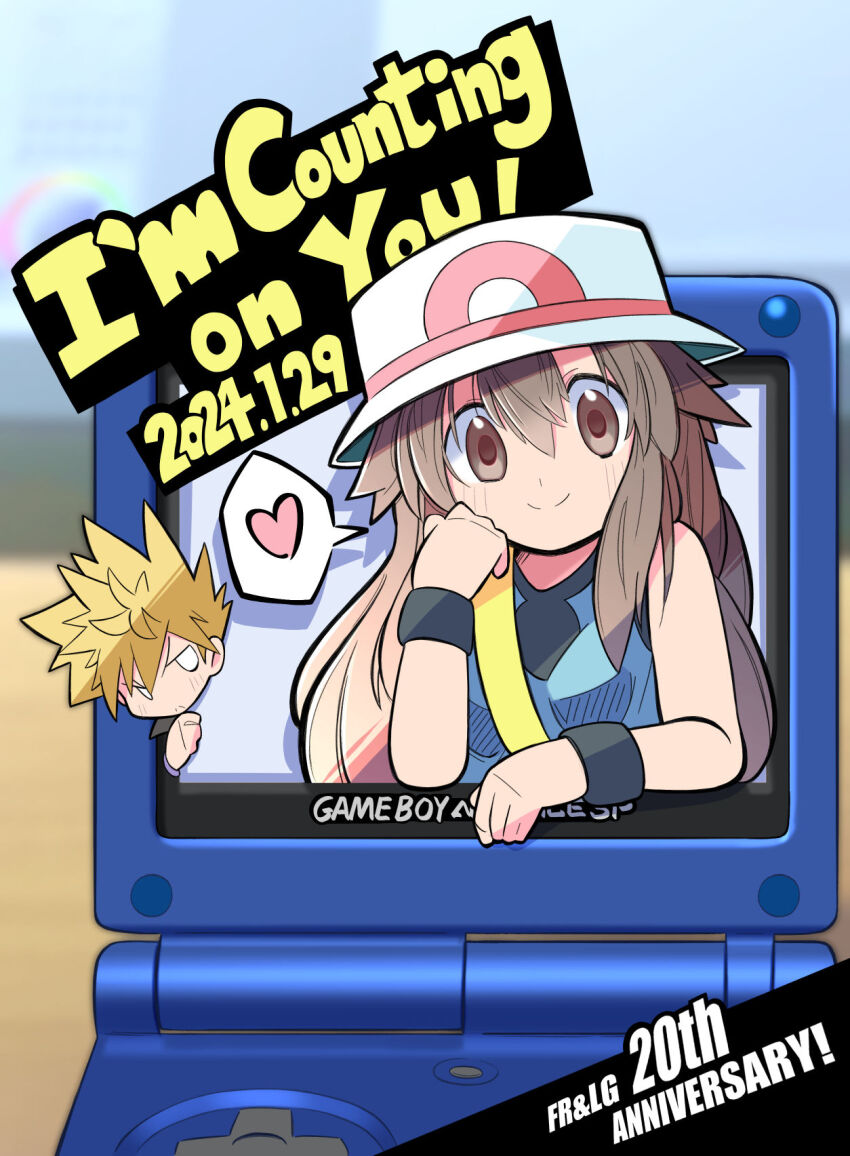1girl anniversary blank_eyes blue_oak blue_shirt brown_eyes brown_hair closed_mouth dated english_text game_boy_advance_sp hair_between_eyes handheld_game_console hat heart highres leaf_(pokemon) nintendo pokemon pokemon_(creature) pokemon_frlg rascal_(feuille) shirt sleeveless sleeveless_shirt smile spoken_heart wristband