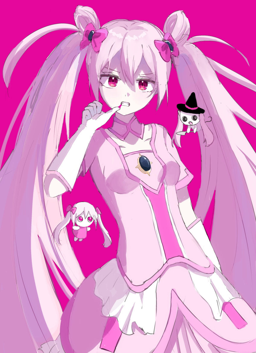 3girls absurdres aimaina bow brooch collarbone doushite-chan frills gloves hair_bow hair_ornament hatsune_miku highres holding holding_wand jewelry long_hair looking_at_viewer magical_girl mahou_shoujo_to_chokorewito_(vocaloid) multiple_girls pink_bow pink_eyes twintails umuloctober vocaloid wand white_gloves
