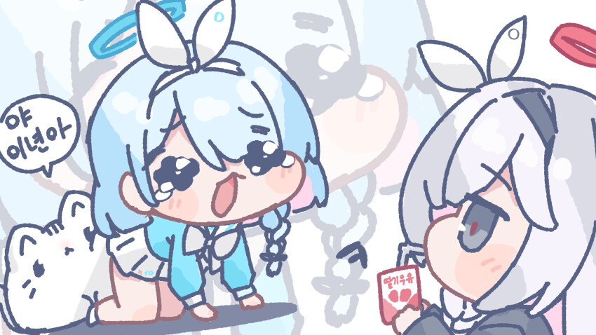 2girls all_fours animal arona_(blue_archive) bendy_straw black_hairband black_jacket blue_archive blue_hair blue_shirt blush_stickers bow braid cat chibi drinking_straw grey_eyes grey_hair hair_over_one_eye hair_ribbon hairband halo highres holding jacket korean_text long_sleeves multiple_girls plana_(blue_archive) pleated_skirt profile puffy_long_sleeves puffy_sleeves ribbon sailor_collar shirt single_braid skirt tandohark translation_request white_bow white_cat white_hairband white_ribbon white_sailor_collar white_skirt zoom_layer