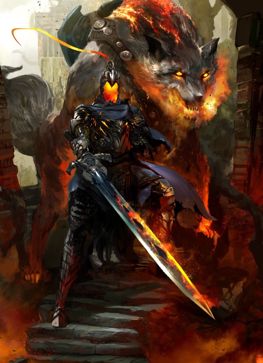 1boy animal armor artorias_the_abysswalker blue_cape breath_weapon breathing_fire cape cloud cloudy_sky dark_souls_(series) dark_souls_i day debris embers faceless fangs fire fire_body flaming_eyes flaming_sword flaming_weapon full_armor glowing great_grey_wolf_sif greaves grey_wolf highres holding holding_sword holding_weapon kekai_kotaki knight light_rays long_sword looking_at_viewer outdoors oversized_animal ruins severed_arm severed_limb shield sky stairs standing sunlight sword tagme torn_cape torn_clothes tree weapon wolf