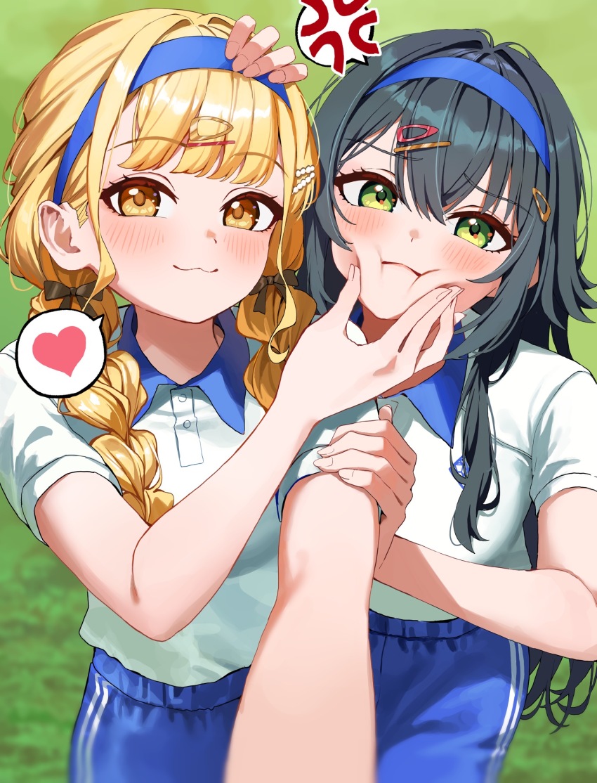 2girls :3 :i anger_vein blonde_hair blue_headband blue_shorts blush braid cheek_squash collared_shirt contrast_collar fingernails fujita_kotone gakuen_idolmaster grass green_eyes green_hair gym_shirt gym_uniform hand_on_another&#039;s_head headband heart highres idolmaster long_hair looking_at_viewer multiple_girls outdoors selfie shirt short_sleeves shorts smile spoken_anger_vein spoken_heart straight_hair tai_saka tsukimura_temari twin_braids yellow_eyes